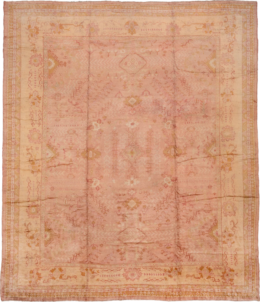14' x 17' one-of-a-kind handmade vintage Oushak oversize rug. Color palette: blush, ivory, pale gold, rose, peach, camel