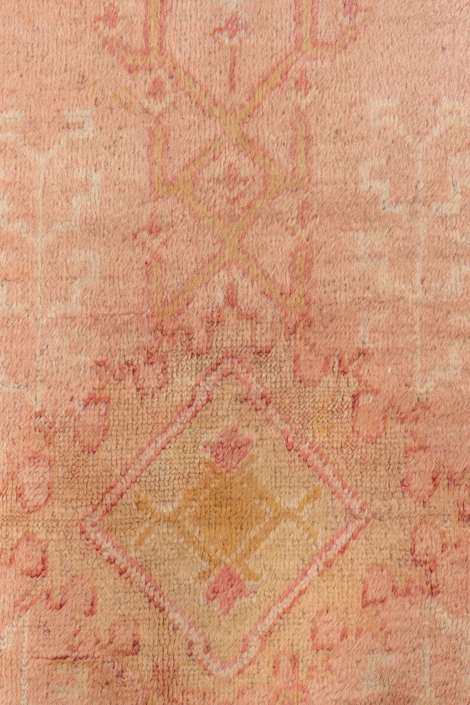 14' x 17' one-of-a-kind handmade vintage Oushak oversize rug. Color palette: blush, ivory, pale gold, rose, peach, camel
