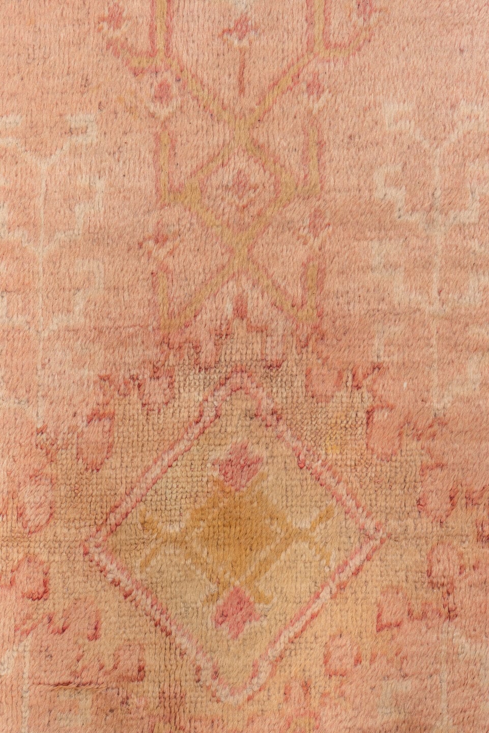 14' x 17' one-of-a-kind handmade vintage Oushak oversize rug. Color palette: blush, ivory, pale gold, rose, peach, camel