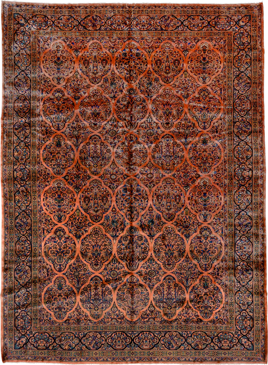 10' x 13' one-of-a-kind handmade vintage Kashan large size rug. Color palette: terra cotta, navy, ivory, cobalt, rust, camel