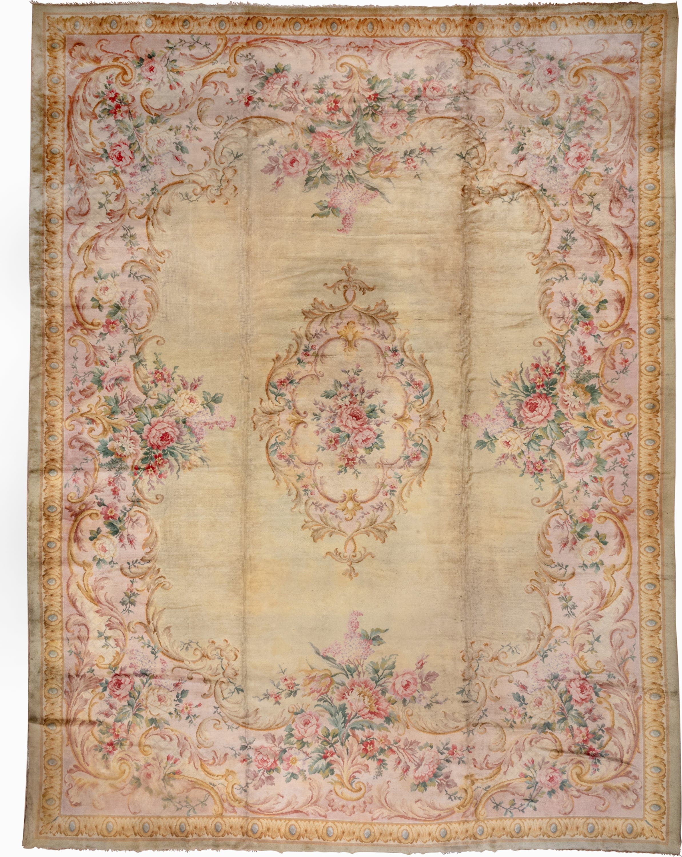 14' x 19' one-of-a-kind handmade vintage Spanish oversize rug. Color palette: ivory, blush, gold, rose, sage, cream, taupe