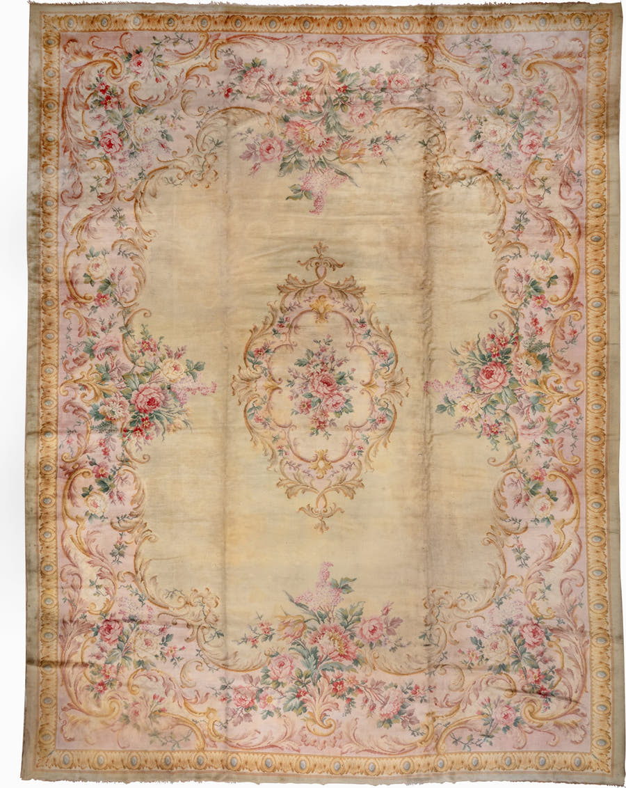 14' x 19' one-of-a-kind handmade vintage Spanish oversize rug. Color palette: ivory, blush, gold, rose, sage, cream, taupe