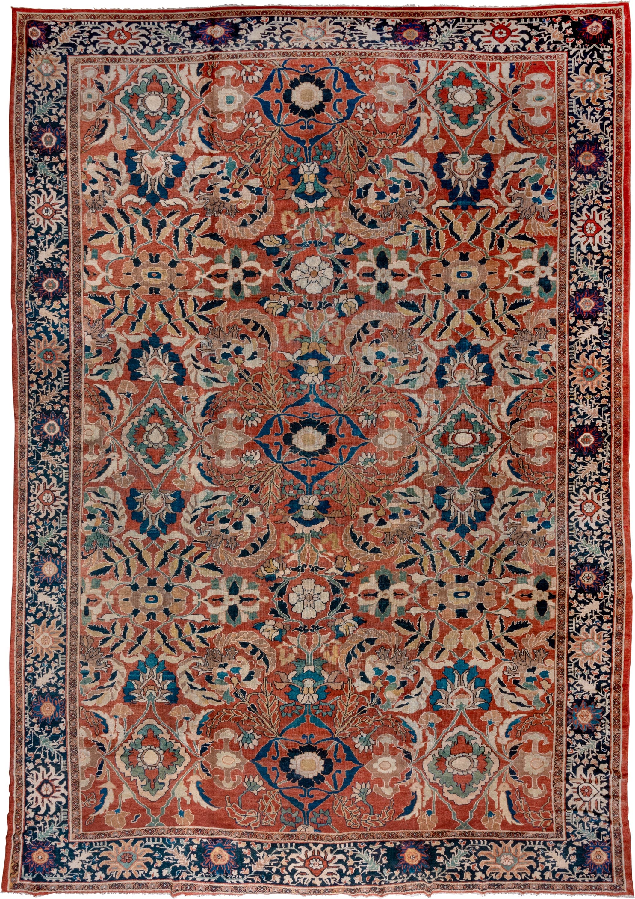 14' x 20' one-of-a-kind handmade vintage Mahal oversize rug. Color palette: terra cotta, navy, ivory, teal, camel, rust
