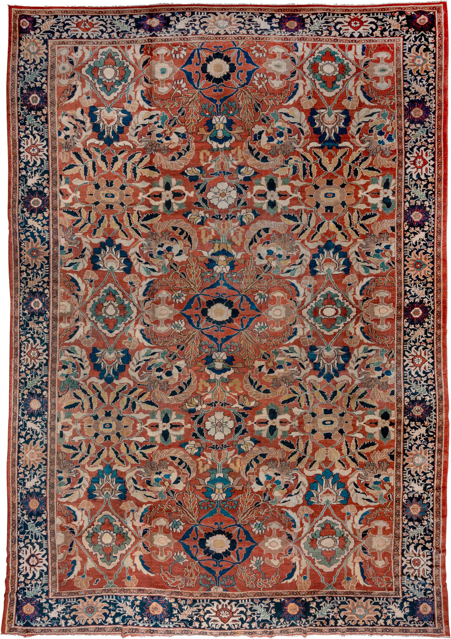 14' x 20' one-of-a-kind handmade vintage Mahal oversize rug. Color palette: terra cotta, navy, ivory, teal, camel, rust