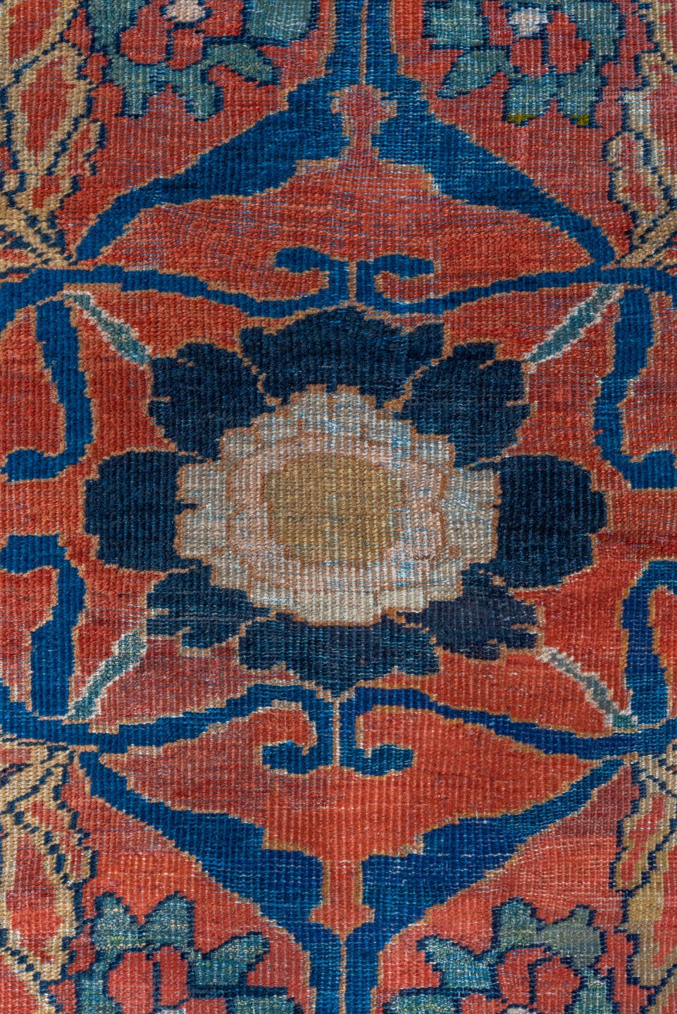 14' x 20' one-of-a-kind handmade vintage Mahal oversize rug. Color palette: terra cotta, navy, ivory, teal, camel, rust