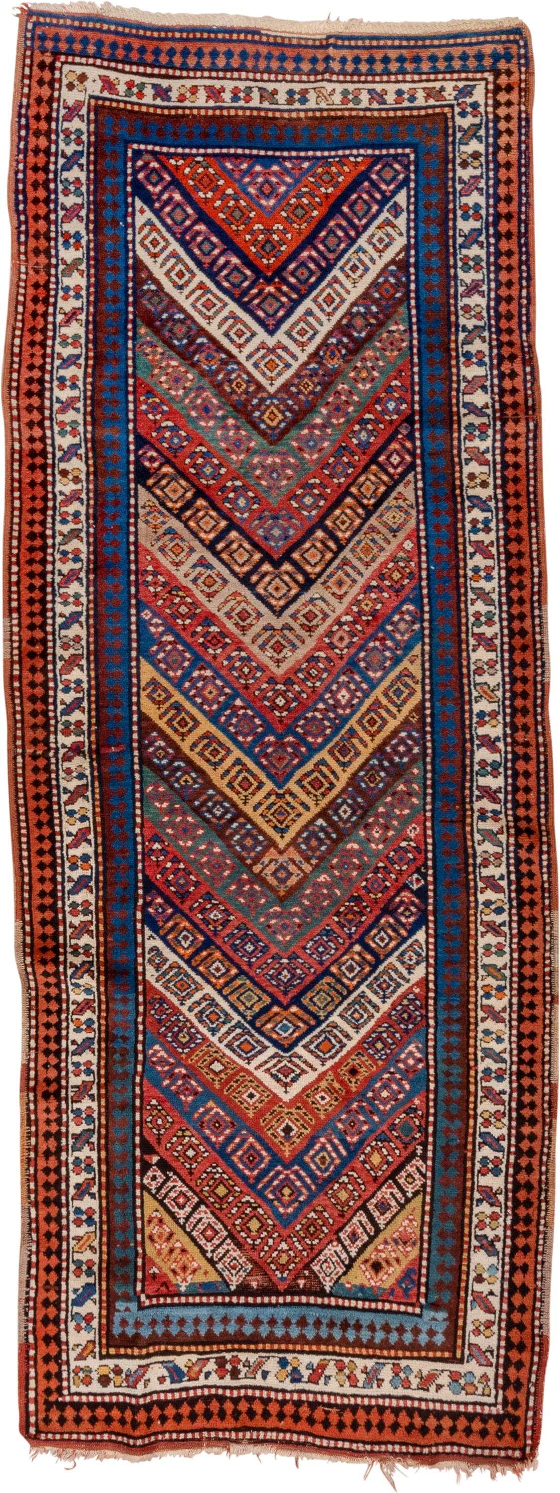 3' x 9' one-of-a-kind handmade vintage Genje runner rug. Color palette: rust, ivory, cobalt, navy, terra cotta, camel