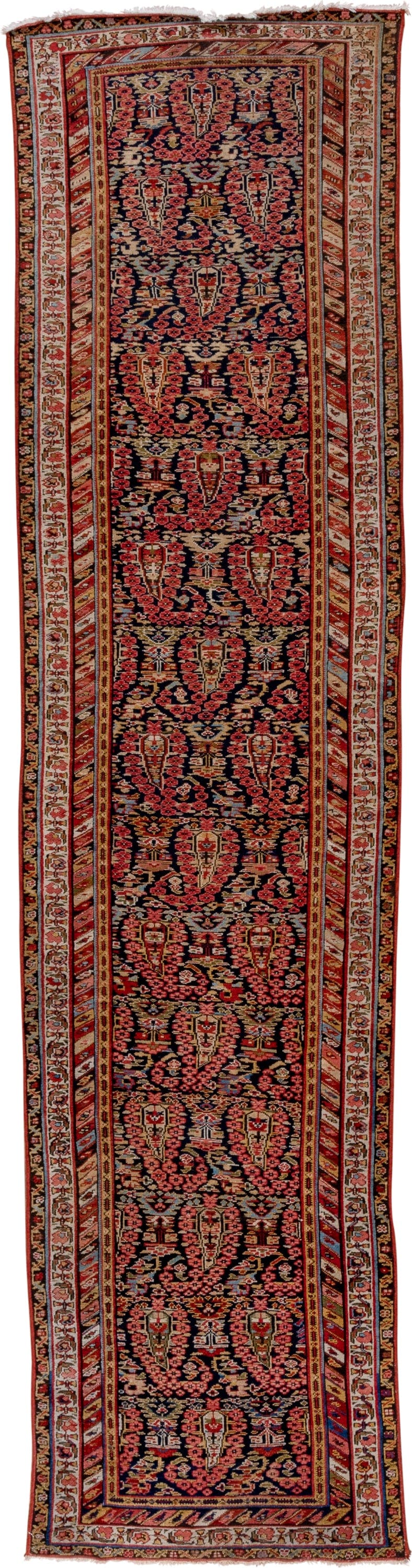 3' x 12' one-of-a-kind handmade vintage Malayer runner rug. Color palette: navy, rust, ivory, coral, camel, sky_blue, gold