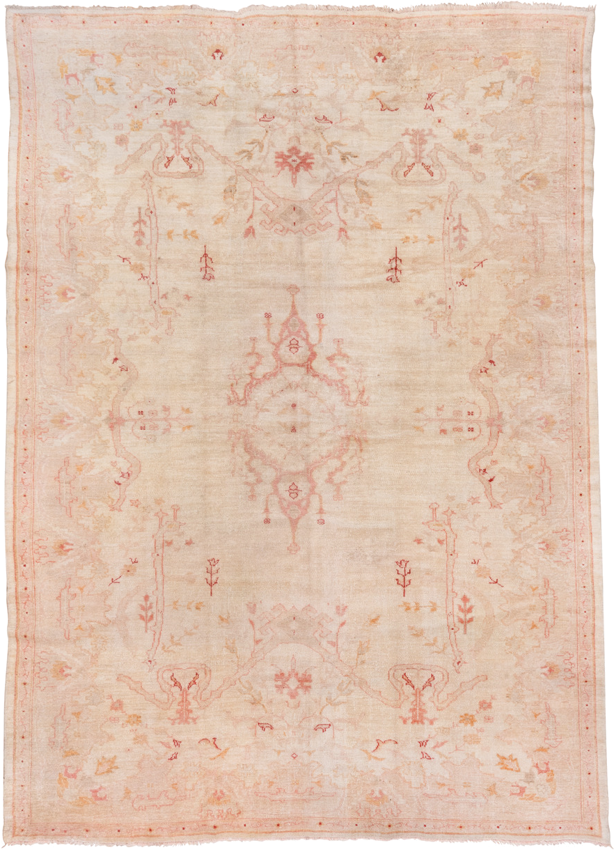 7' x 10' one-of-a-kind handmade vintage Oushak large size rug. Color palette: ivory, blush, peach, apricot, pale gold, rose