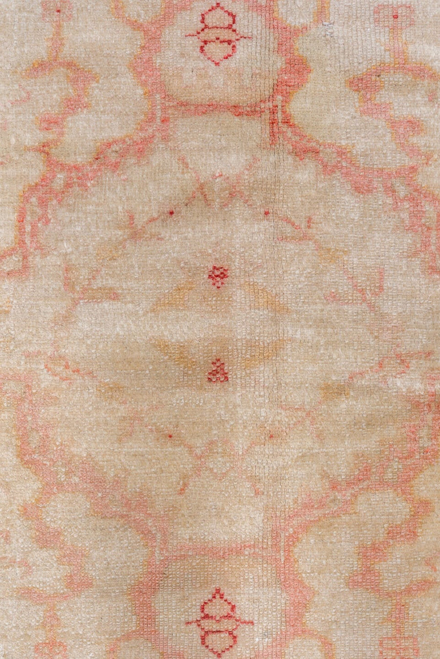 7' x 10' one-of-a-kind handmade vintage Oushak large size rug. Color palette: ivory, blush, peach, apricot, pale gold, rose
