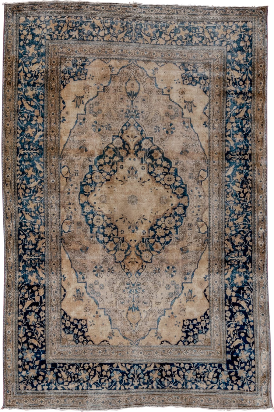 4' x 6' one-of-a-kind handmade vintage Mohtasham Kashan rug. Color palette: ivory, navy, beige, slate, taupe, camel, blue