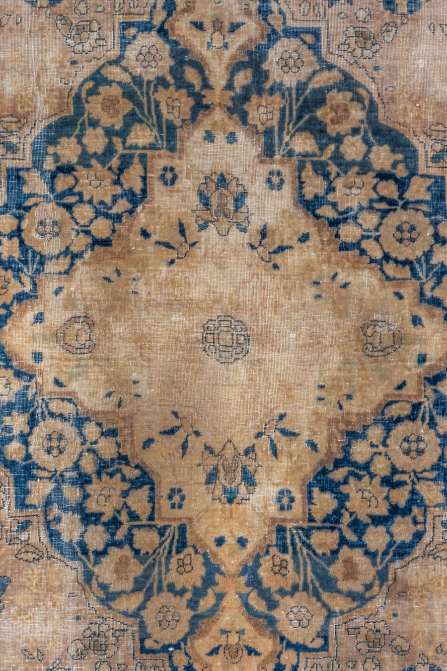 4' x 6' one-of-a-kind handmade vintage Mohtasham Kashan rug. Color palette: ivory, navy, beige, slate, taupe, camel, blue