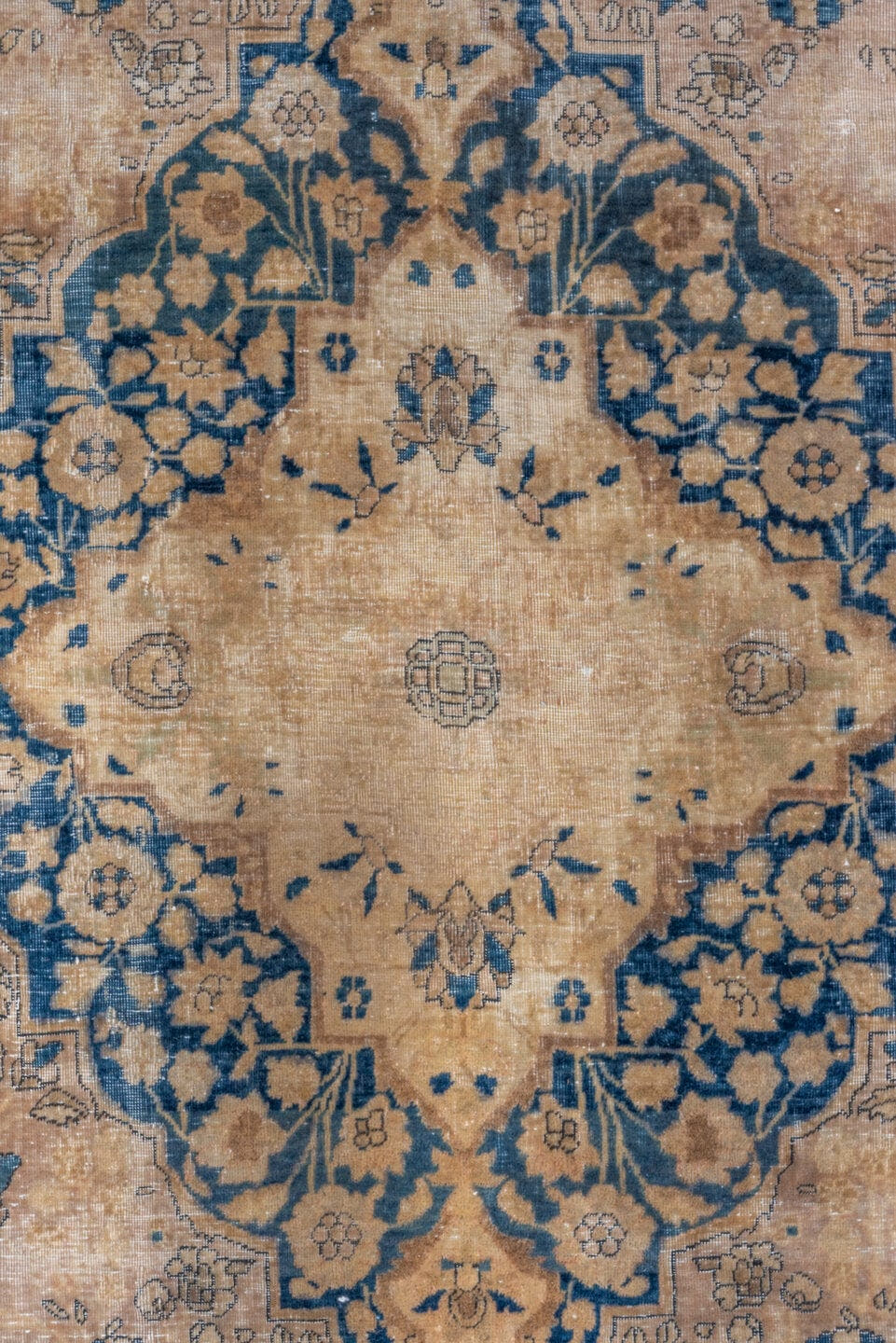 4' x 6' one-of-a-kind handmade vintage Mohtasham Kashan rug. Color palette: ivory, navy, beige, slate, taupe, camel, blue