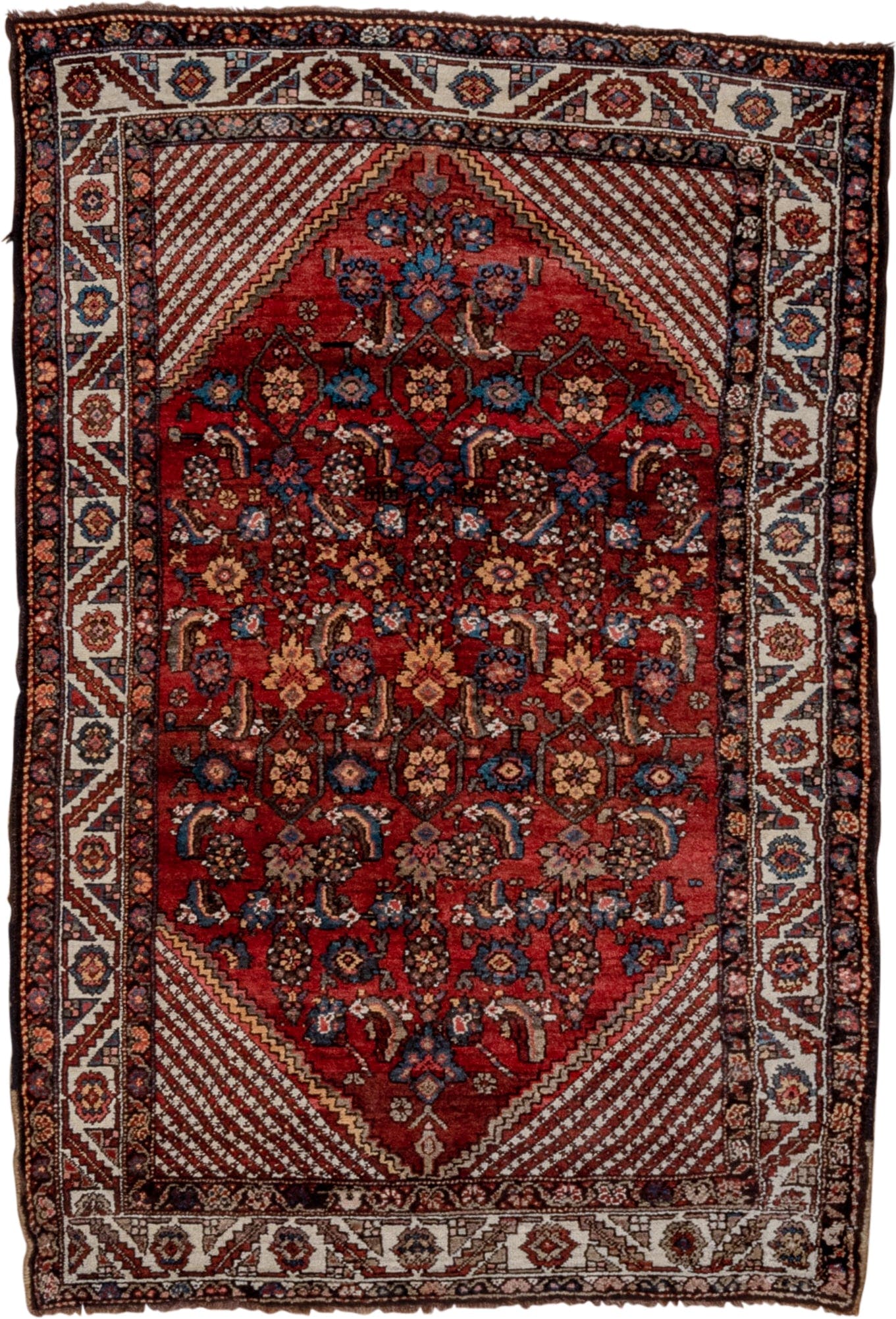 4' x 6' one-of-a-kind handmade vintage Kurd small size rug. Color palette: red, ivory, indigo, rust, navy, camel, burgundy