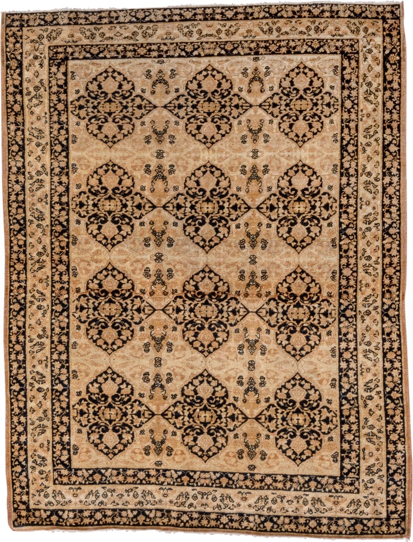 4' x 5' one-of-a-kind handmade vintage Lavar small size rug. Color palette: camel, ivory, charcoal, taupe, brown, beige