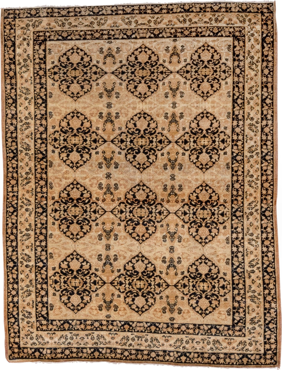4' x 5' one-of-a-kind handmade vintage Lavar small size rug. Color palette: camel, ivory, charcoal, taupe, brown, beige