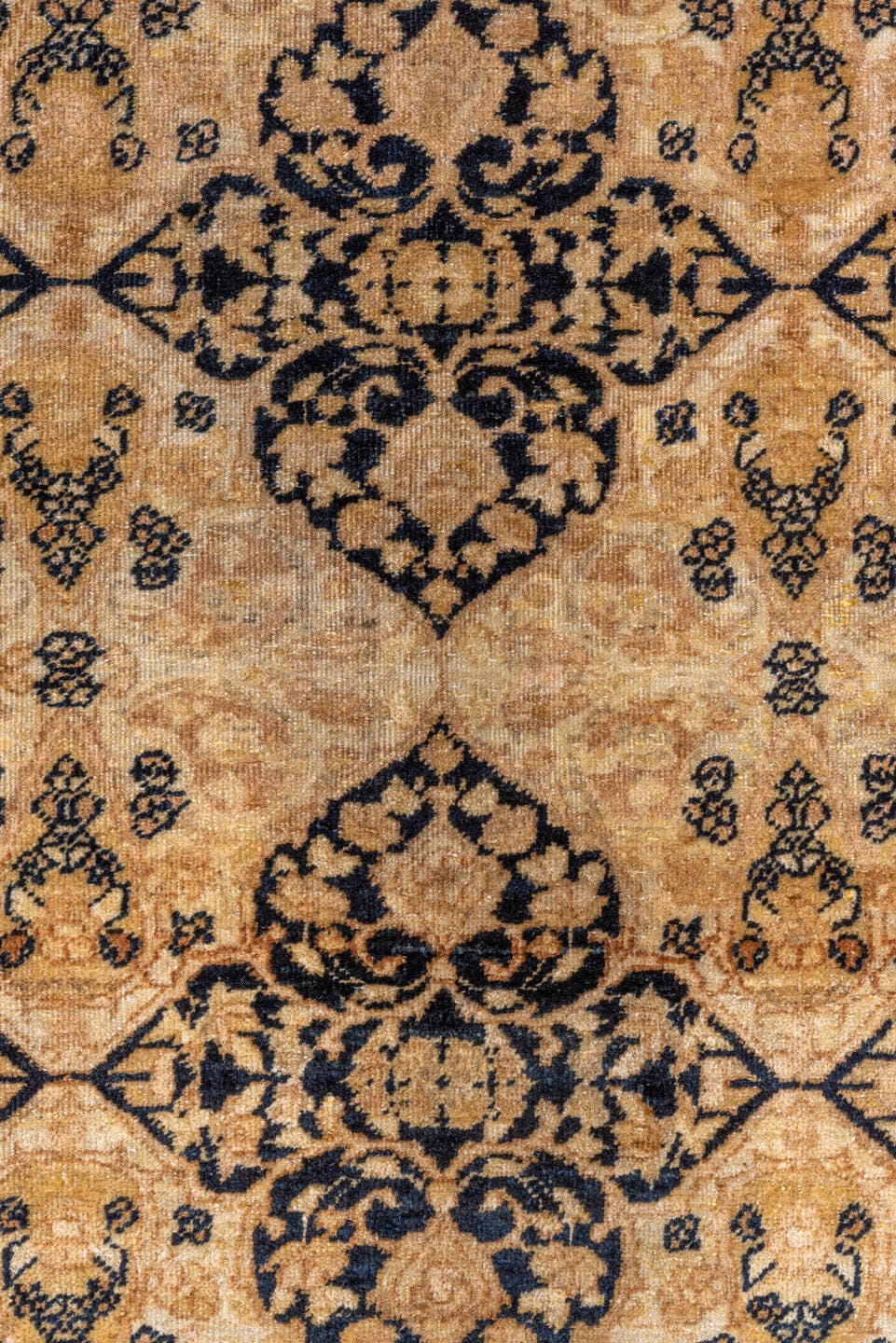 4' x 5' one-of-a-kind handmade vintage Lavar small size rug. Color palette: camel, ivory, charcoal, taupe, brown, beige