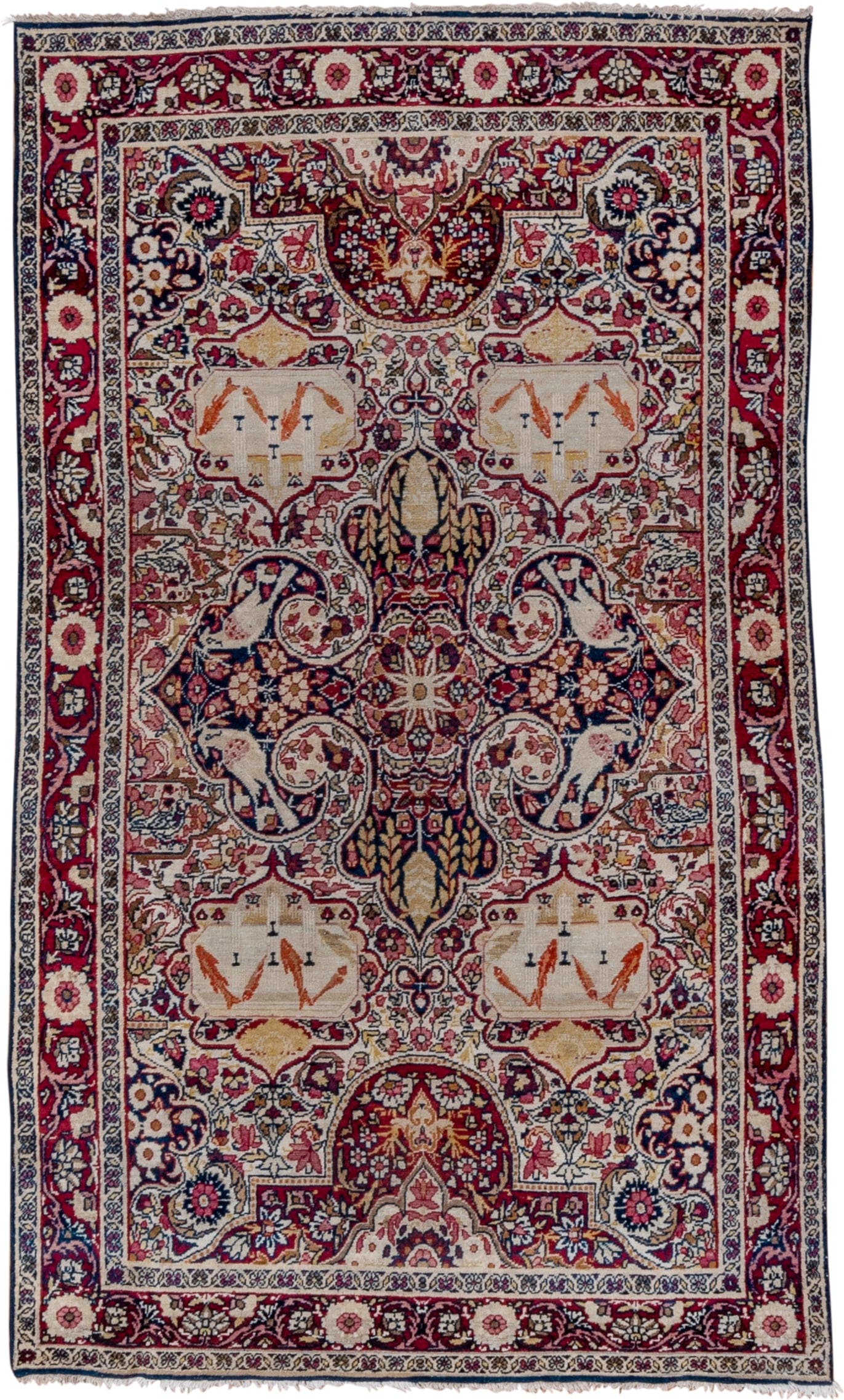 4' x 7' one-of-a-kind handmade vintage Yazd rug. Color palette: ivory, crimson, navy, rose, gold, burgundy, camel, red, blue