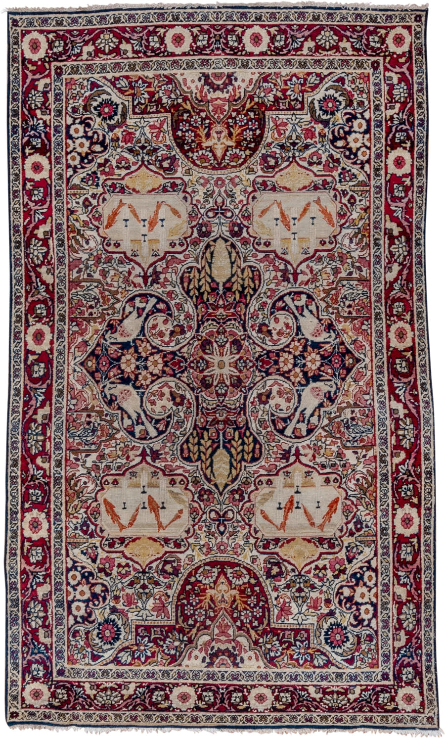 4' x 7' one-of-a-kind handmade vintage Yazd rug. Color palette: ivory, crimson, navy, rose, gold, burgundy, camel, red, blue