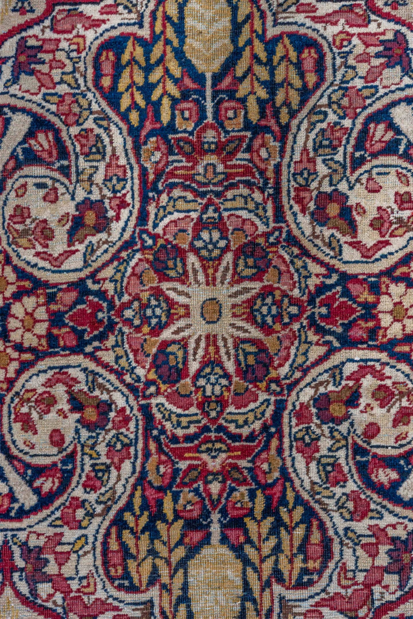 4' x 7' one-of-a-kind handmade vintage Yazd rug. Color palette: ivory, crimson, navy, rose, gold, burgundy, camel, red, blue