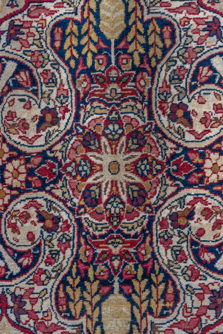 4' x 7' one-of-a-kind handmade vintage Yazd rug. Color palette: ivory, crimson, navy, rose, gold, burgundy, camel, red, blue