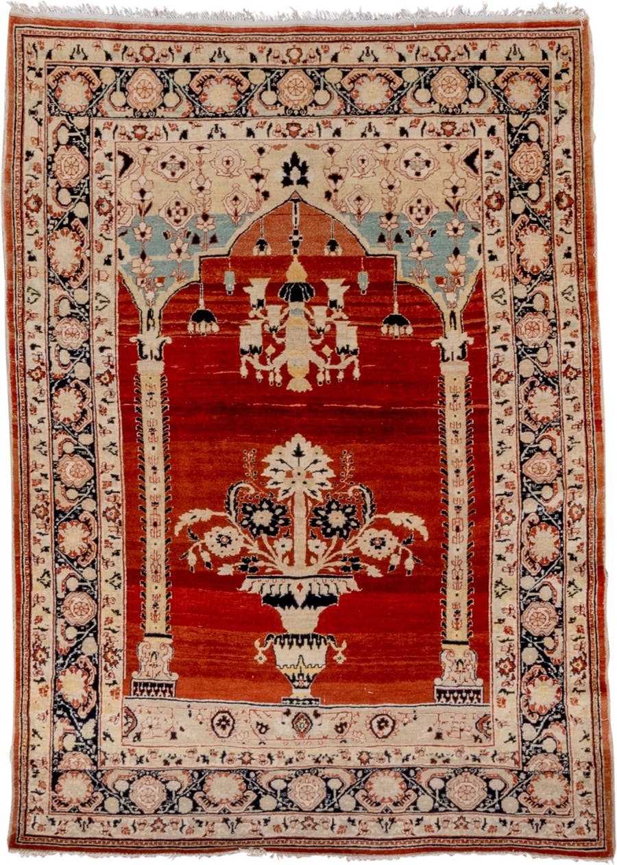 4' x 5' one-of-a-kind handmade vintage Tabriz rug. Color palette: rust, ivory, navy, camel, sky_blue, terracotta, charcoal
