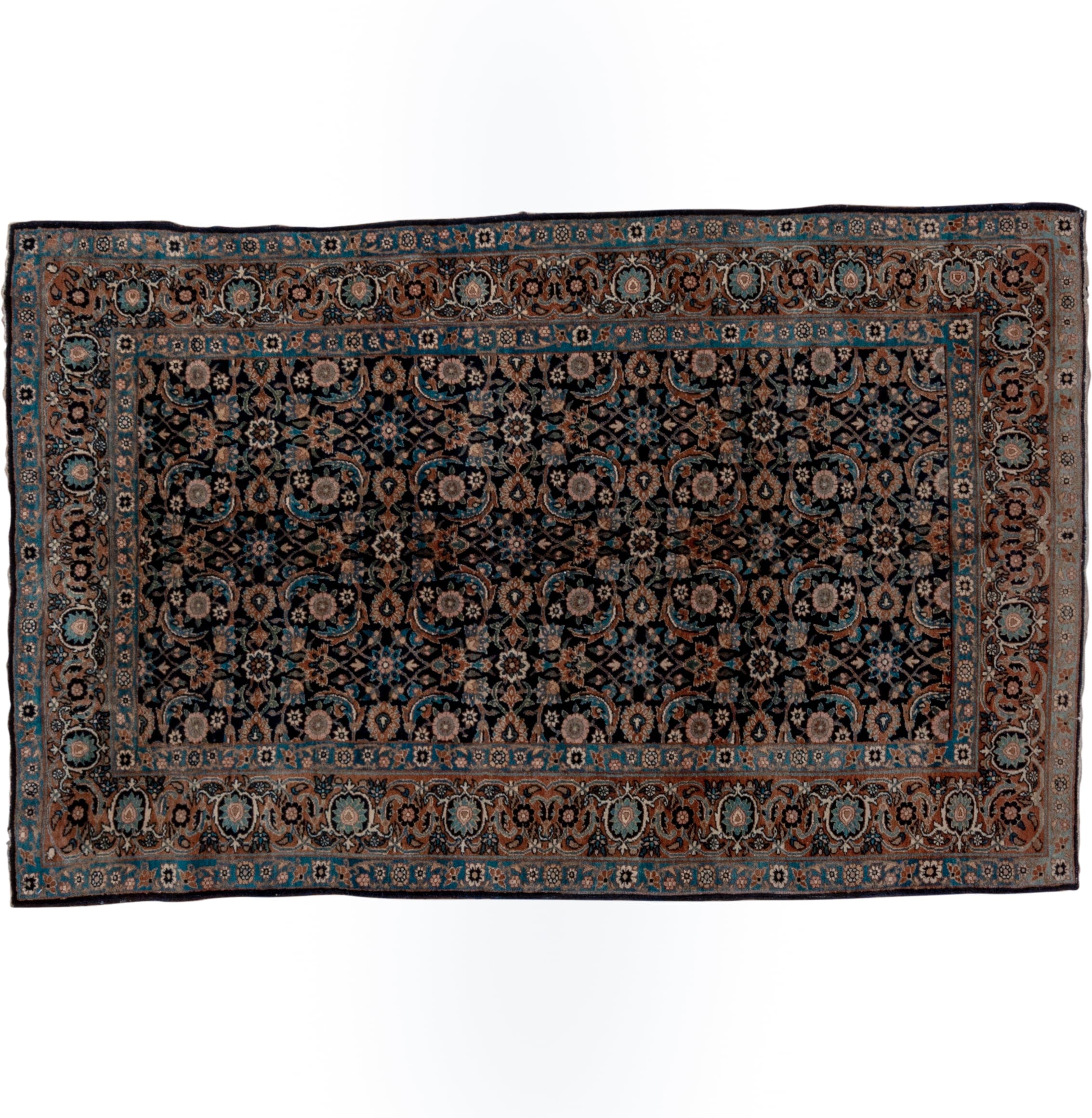 4' x 7' one-of-a-kind handmade vintage Yazd rug. Color palette: navy, turquoise, camel, taupe, rose, ivory, rust, charcoal