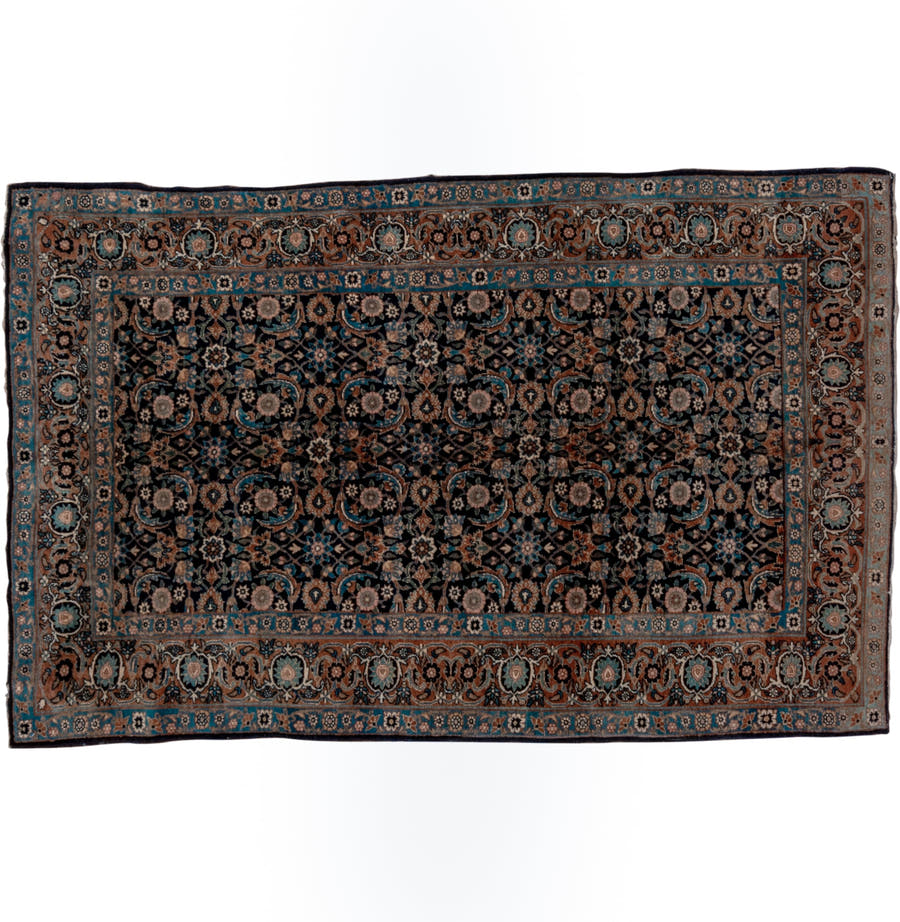 4' x 7' one-of-a-kind handmade vintage Yazd rug. Color palette: navy, turquoise, camel, taupe, rose, ivory, rust, charcoal