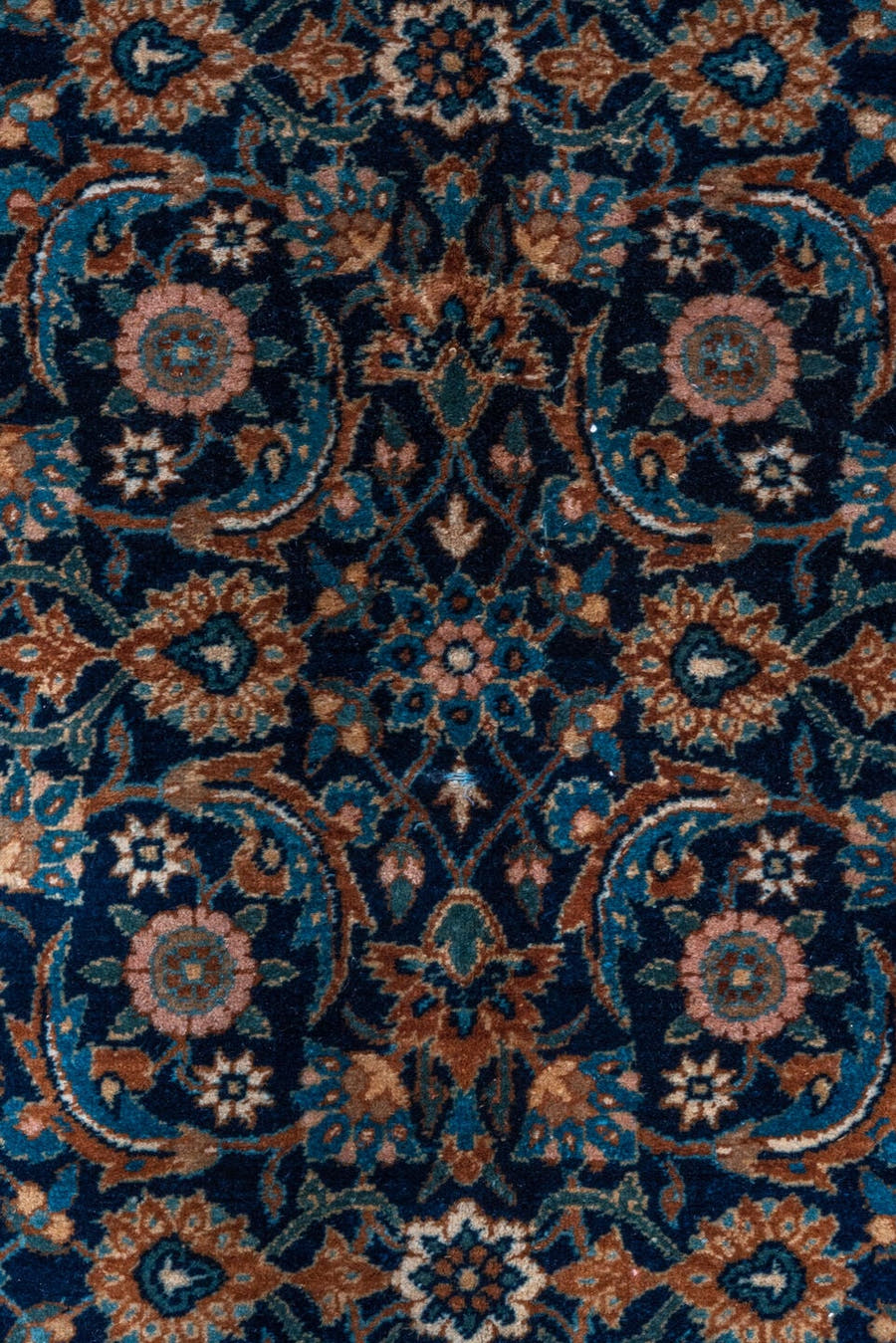 4' x 7' one-of-a-kind handmade vintage Yazd rug. Color palette: navy, turquoise, camel, taupe, rose, ivory, rust, charcoal
