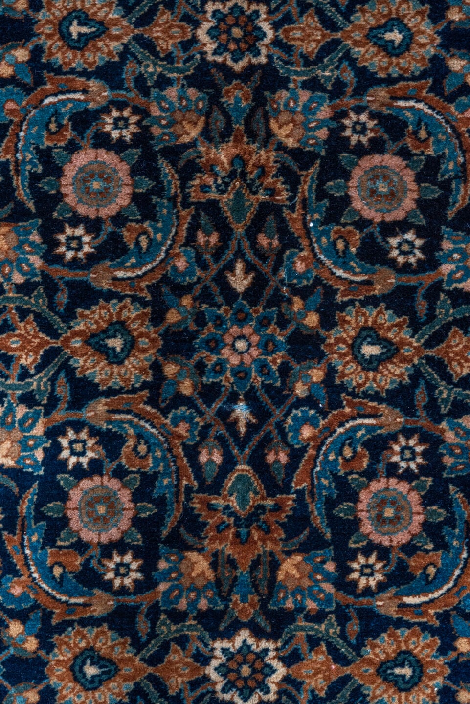4' x 7' one-of-a-kind handmade vintage Yazd rug. Color palette: navy, turquoise, camel, taupe, rose, ivory, rust, charcoal