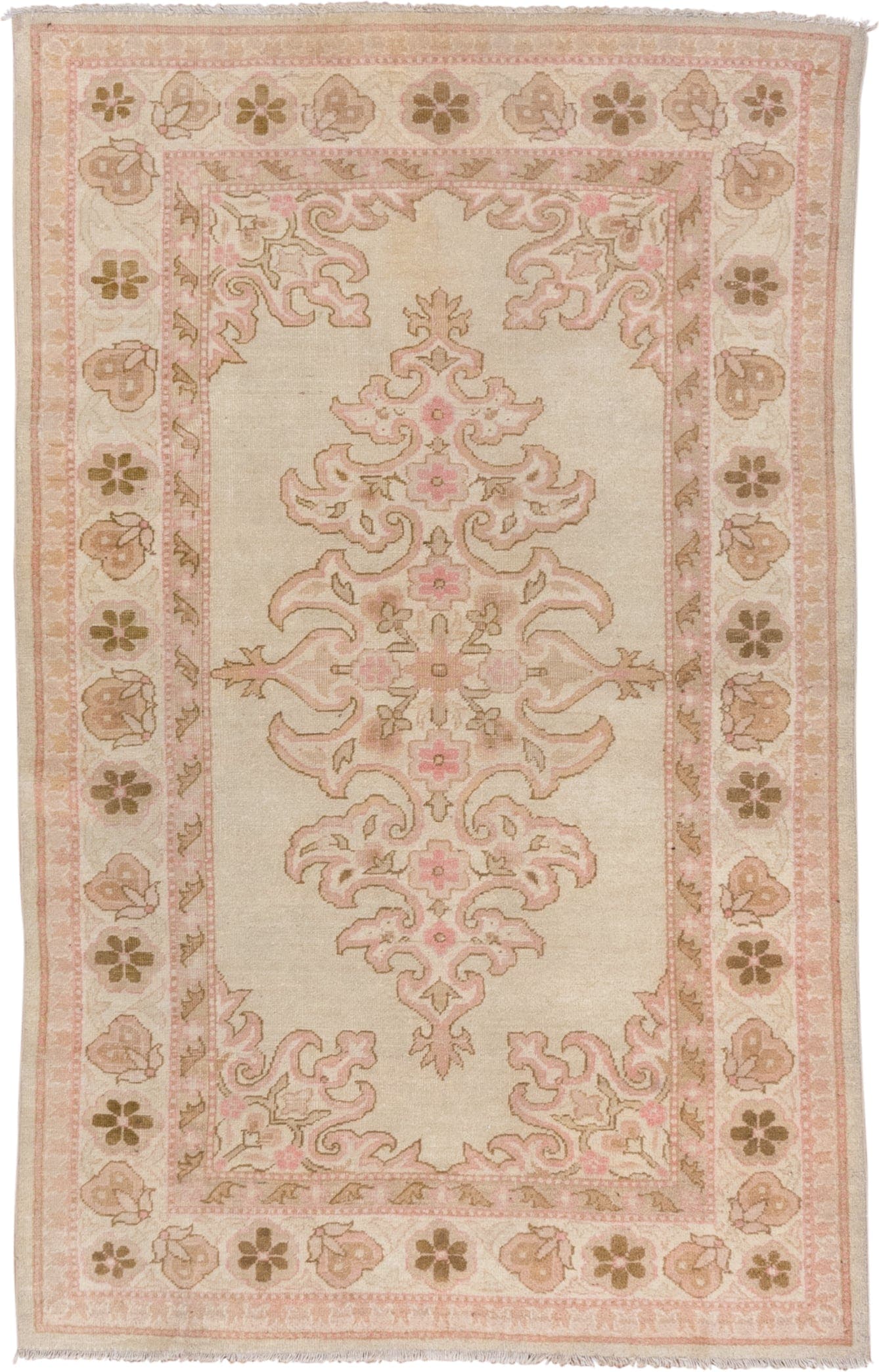 4' x 6' one-of-a-kind handmade vintage Amritzar rug. Color palette: ivory, blush, taupe, olive, cream, rose, pink, beige