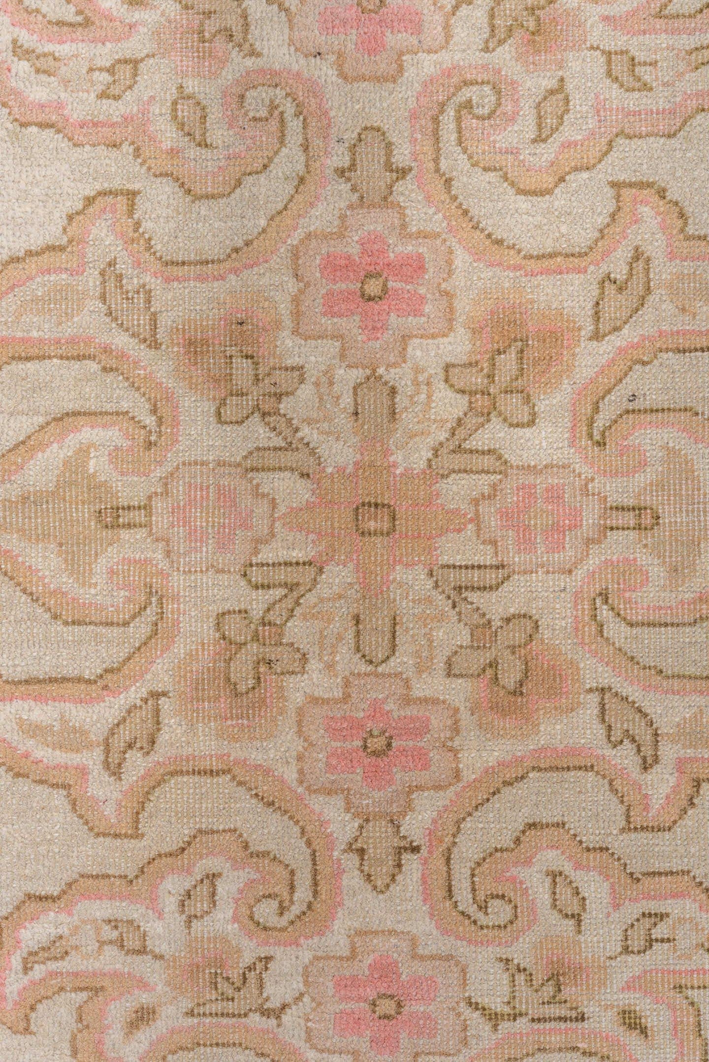 4' x 6' one-of-a-kind handmade vintage Amritzar rug. Color palette: ivory, blush, taupe, olive, cream, rose, pink, beige