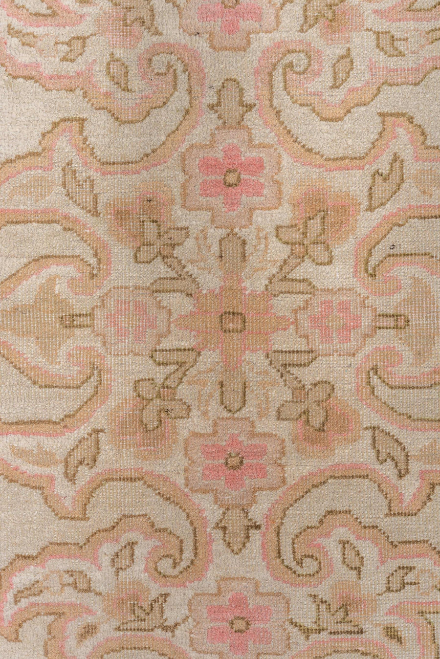4' x 6' one-of-a-kind handmade vintage Amritzar rug. Color palette: ivory, blush, taupe, olive, cream, rose, pink, beige