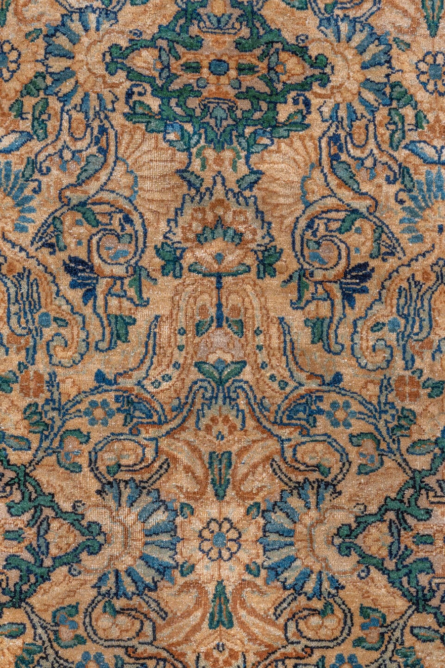 3' x 6' one-of-a-kind handmade vintage Kerman rug. Color palette: camel, teal, slate, brown, ivory, charcoal, beige, gray