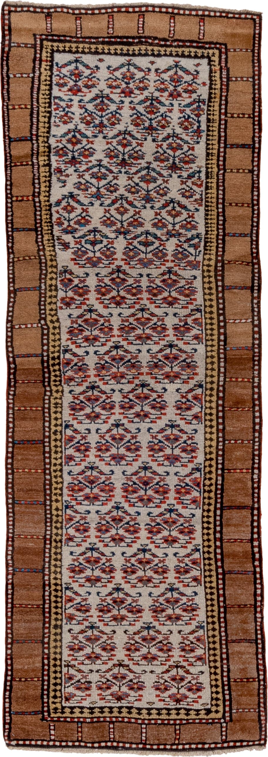 2' x 7' one-of-a-kind handmade vintage Cam Hamadan runner rug. Color palette: ivory, camel, rust, navy, brown, brick, beige