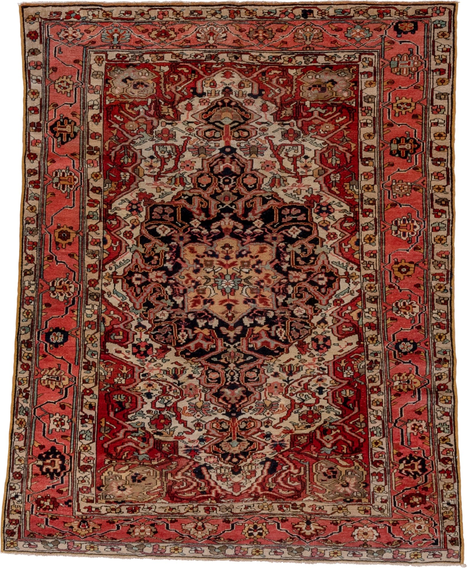 4' x 6' one-of-a-kind handmade vintage Far.Sarouk rug. Color palette: ivory, rose, crimson, burgundy, coral, taupe, charcoal