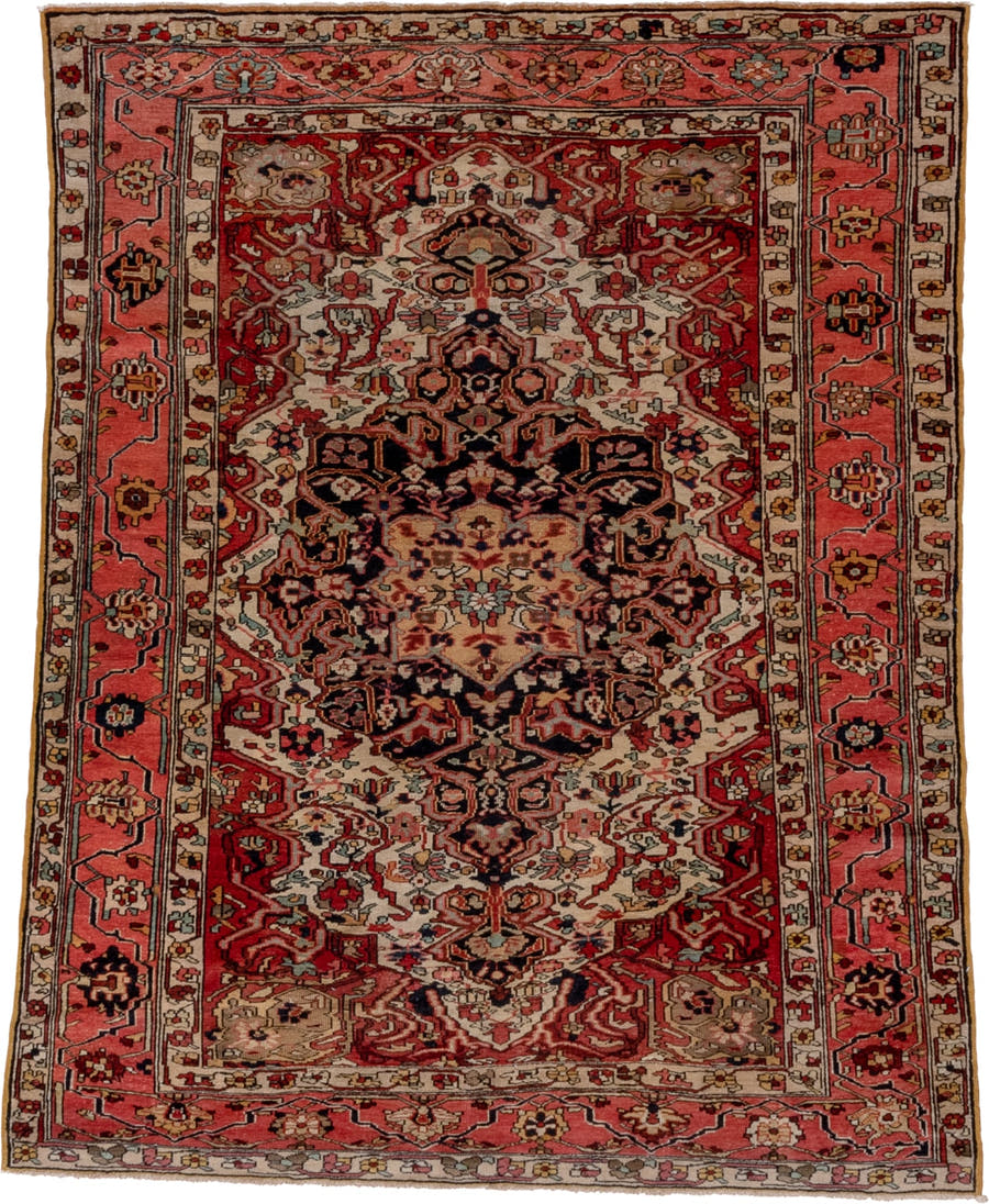 4' x 6' one-of-a-kind handmade vintage Far.Sarouk rug. Color palette: ivory, rose, crimson, burgundy, coral, taupe, charcoal