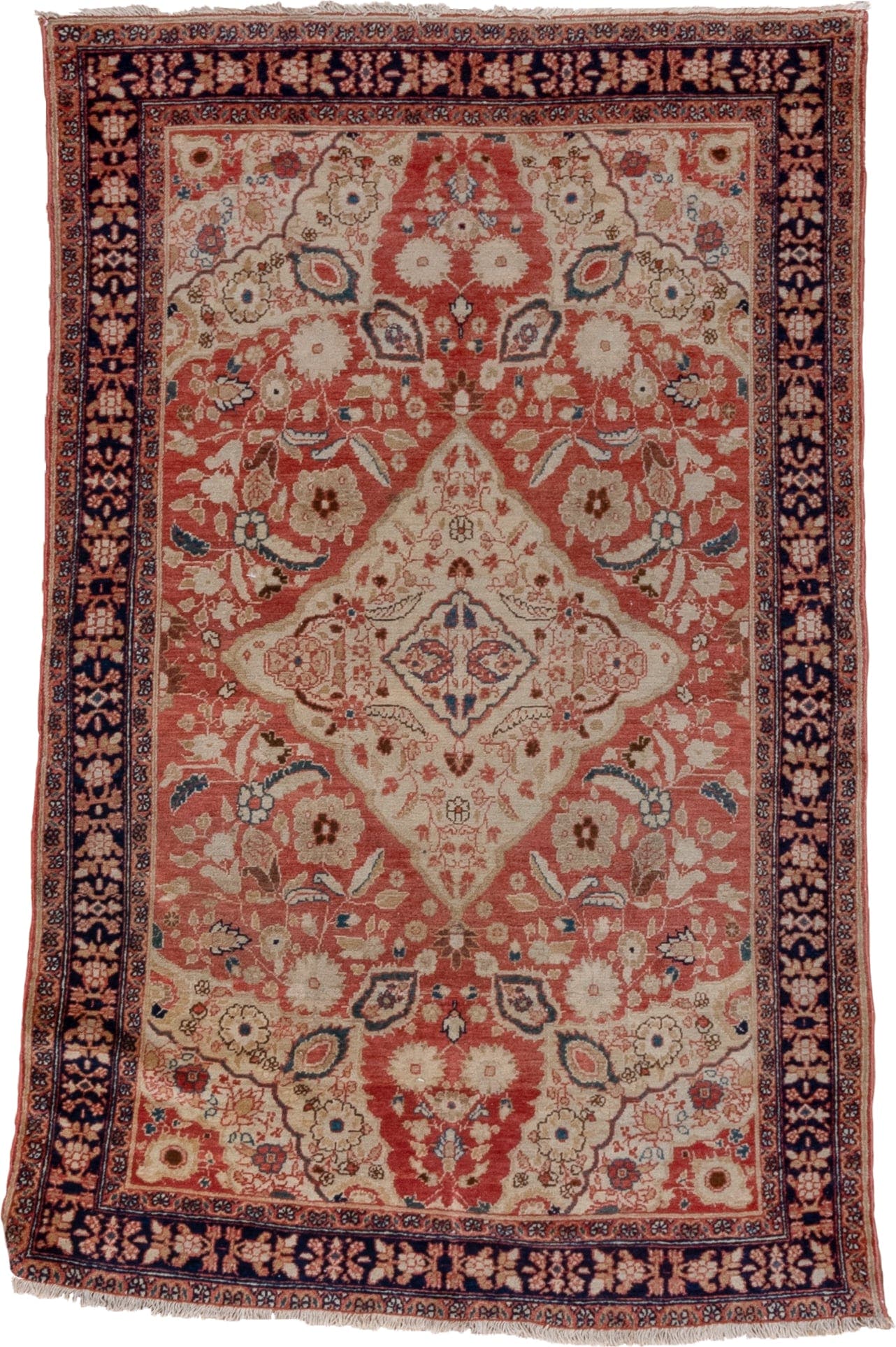 3' x 5' one-of-a-kind handmade vintage Malayer small size rug. Color palette: rose, ivory, navy, rust, coral, camel, slate