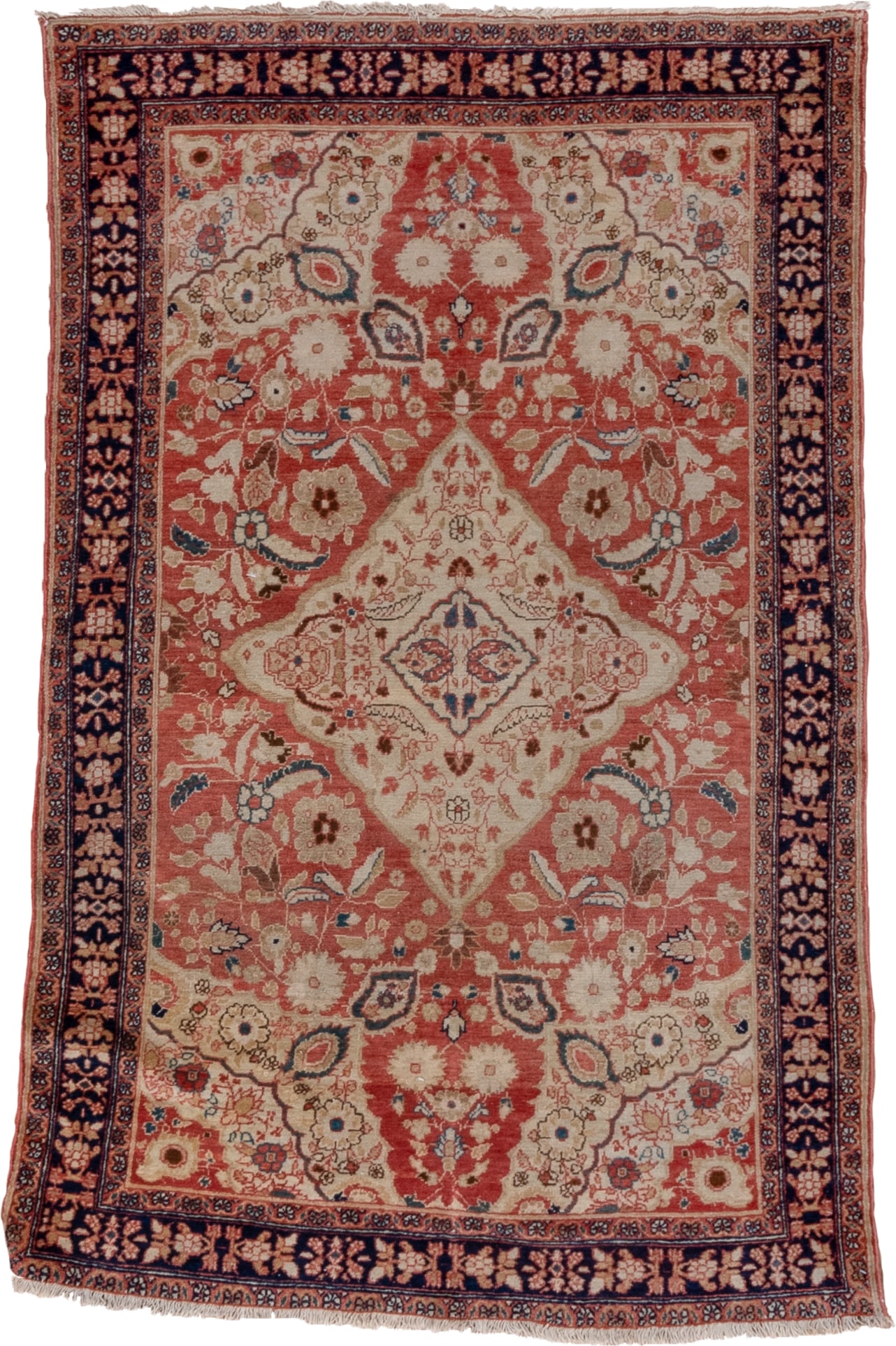 3' x 5' one-of-a-kind handmade vintage Malayer small size rug. Color palette: rose, ivory, navy, rust, coral, camel, slate