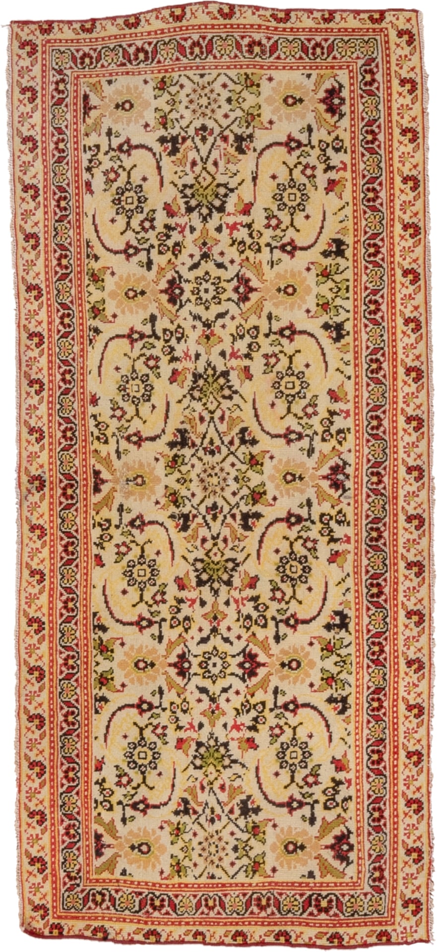 2' x 6' one-of-a-kind handmade vintage Agra runner rug. Color palette: ivory, rust, gold, olive, burgundy, camel, charcoal