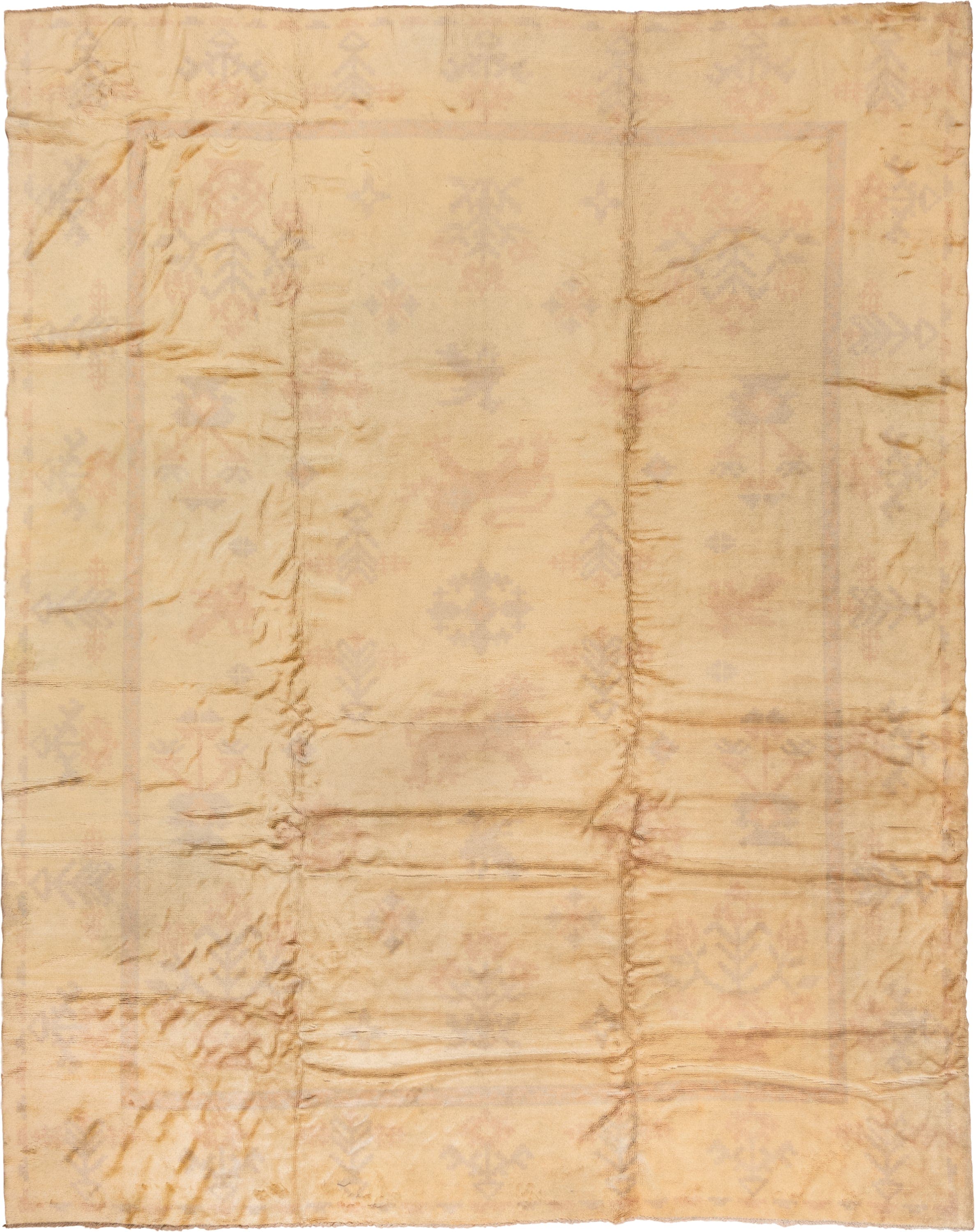 11' x 14' one-of-a-kind handmade vintage Spanish oversize rug. Color palette: ivory, camel, cream, blush, pale blue, taupe