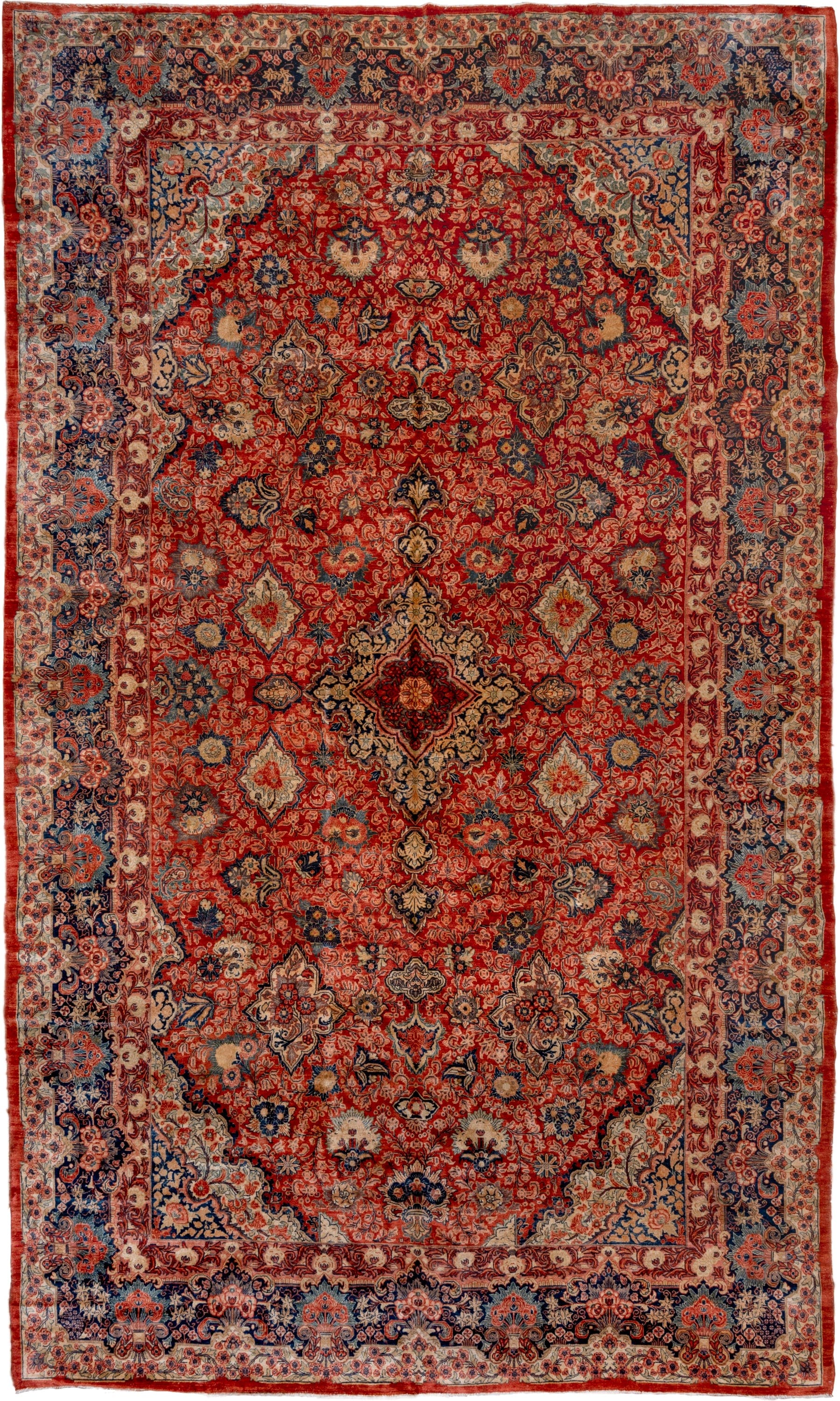 10' x 17' one-of-a-kind handmade vintage Sarouk rug. Color palette: red, navy, ivory, sky blue, rust, coral, camel, blue