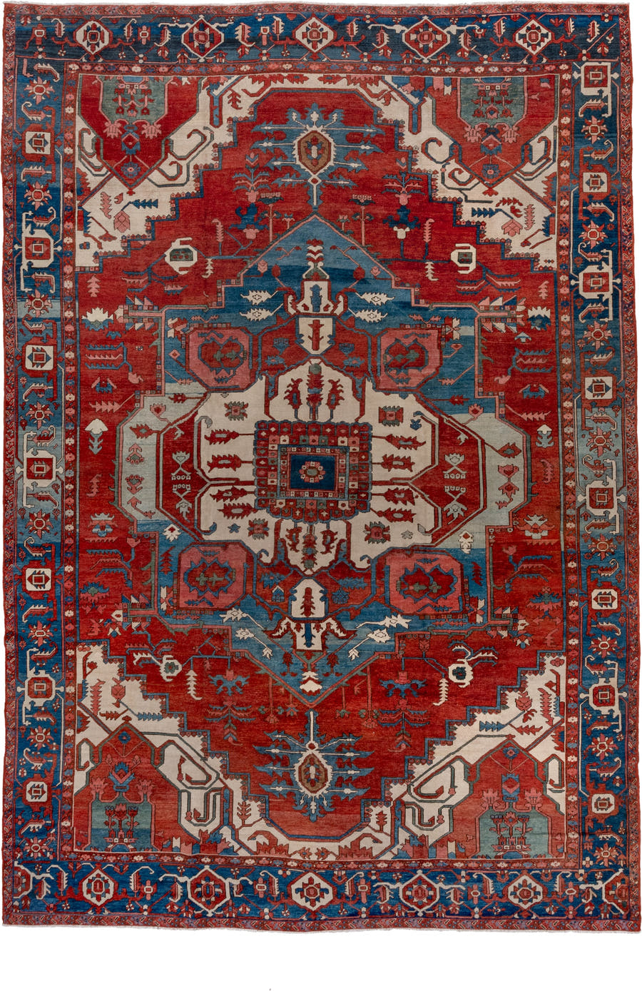 10' x 15' one-of-a-kind handmade vintage Serapi rug. Color palette: rust, sky blue, ivory, crimson, slate, rose, navy
