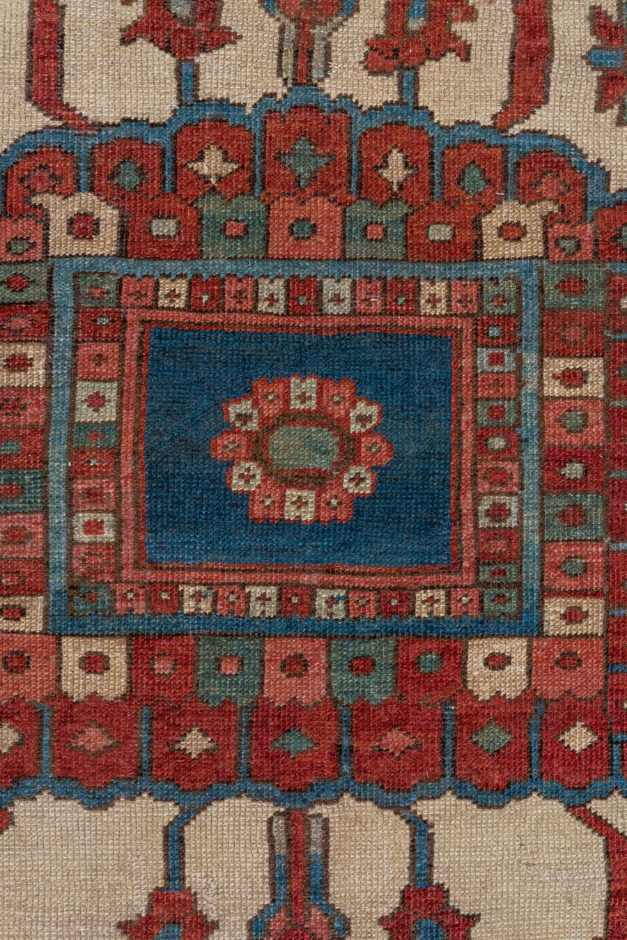 10' x 15' one-of-a-kind handmade vintage Serapi rug. Color palette: rust, sky blue, ivory, crimson, slate, rose, navy