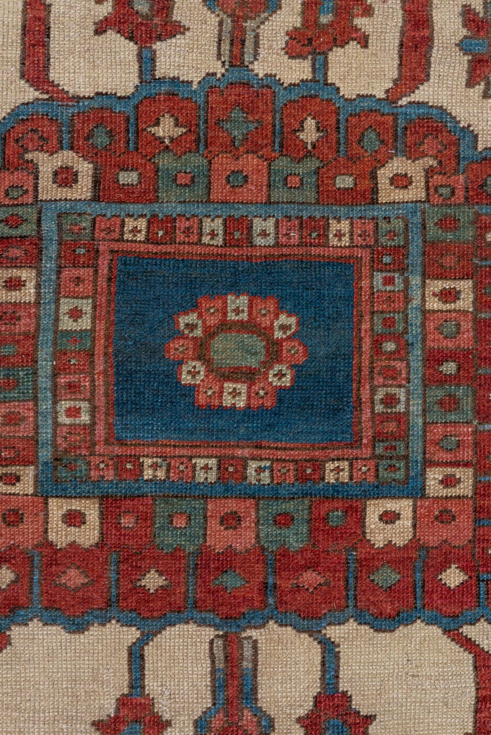 10' x 15' one-of-a-kind handmade vintage Serapi rug. Color palette: rust, sky blue, ivory, crimson, slate, rose, navy