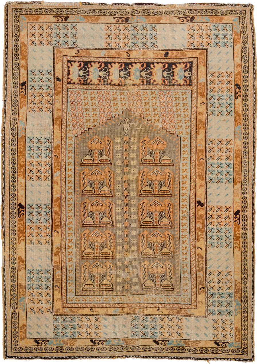 4' x 5' one-of-a-kind handmade vintage Kula small size rug. Color palette: ivory, camel, taupe, pale blue, tan, charcoal