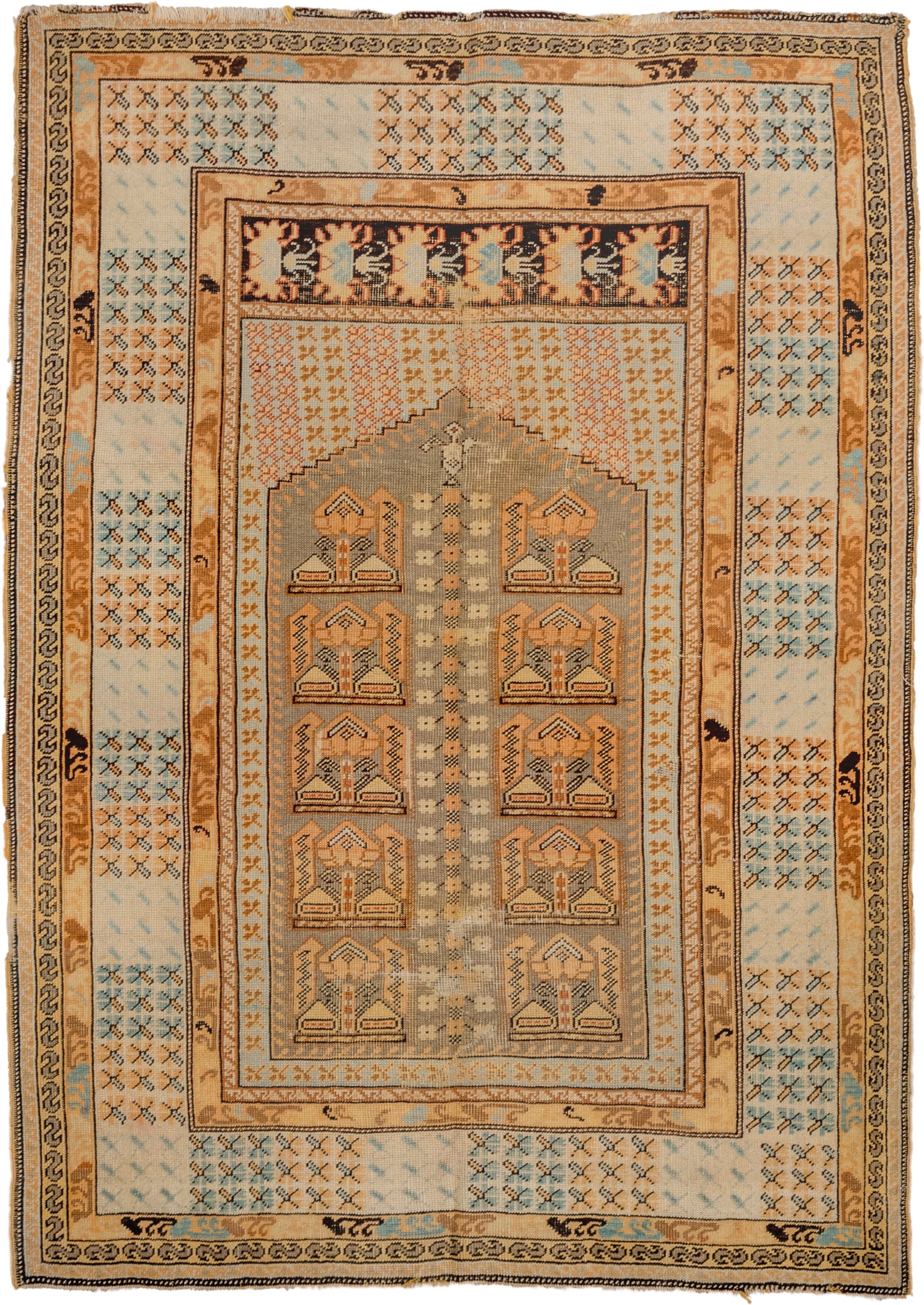 4' x 5' one-of-a-kind handmade vintage Kula small size rug. Color palette: ivory, camel, taupe, pale blue, tan, charcoal