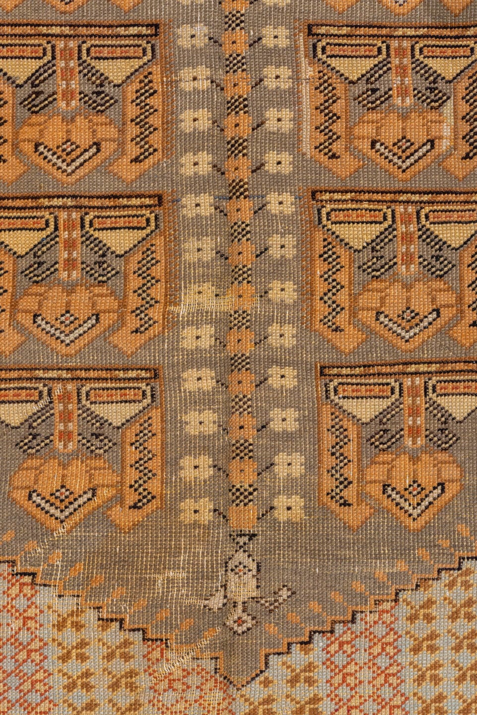 4' x 5' one-of-a-kind handmade vintage Kula small size rug. Color palette: ivory, camel, taupe, pale blue, tan, charcoal