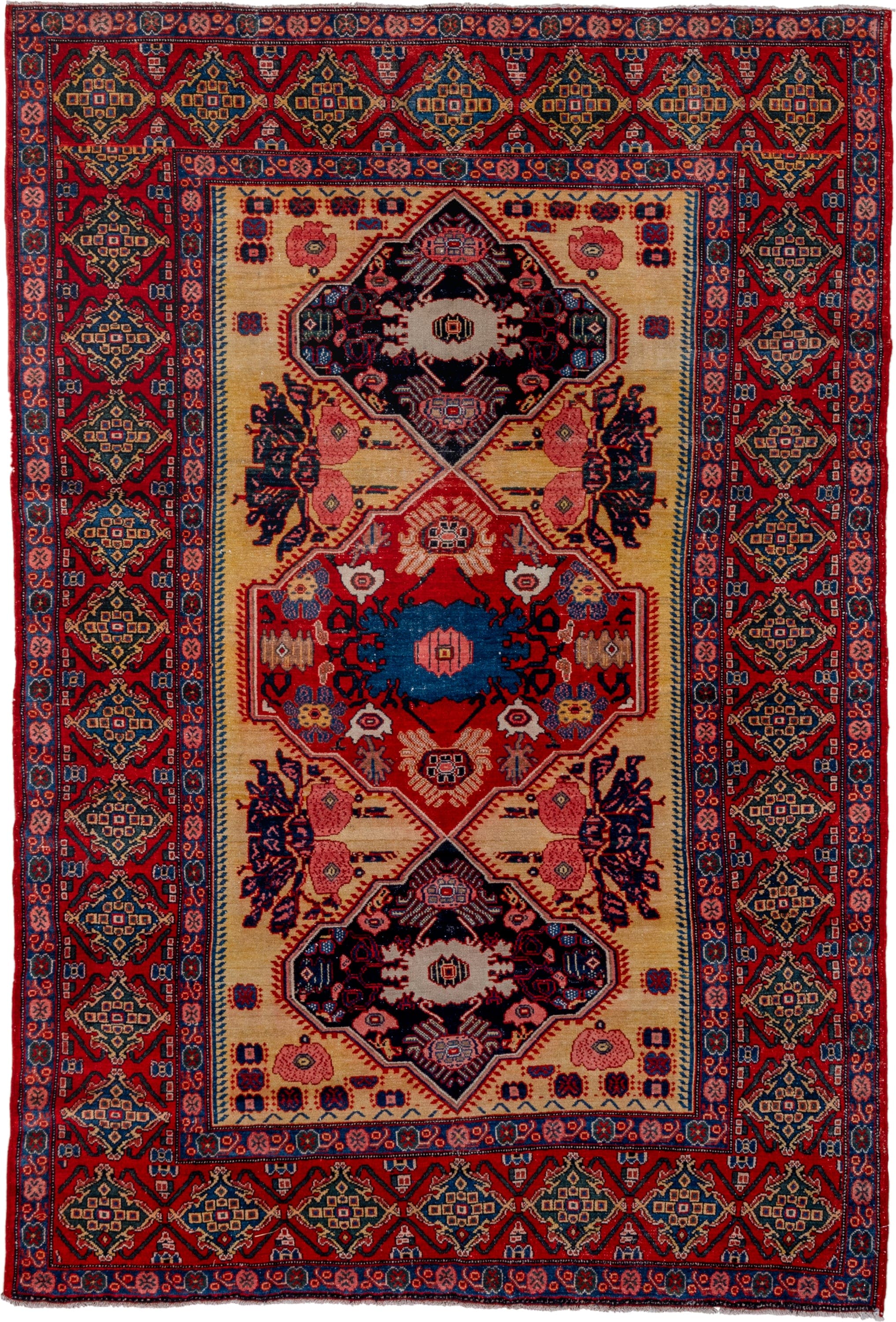 4' x 6' one-of-a-kind handmade vintage Senne rug. Color palette: red, ivory, navy, indigo, rose, camel, sky_blue, burgundy