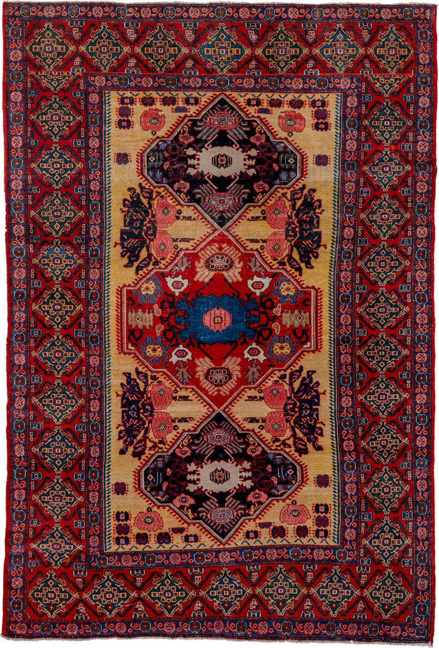 4' x 6' one-of-a-kind handmade vintage Senne rug. Color palette: red, ivory, navy, indigo, rose, camel, sky_blue, burgundy
