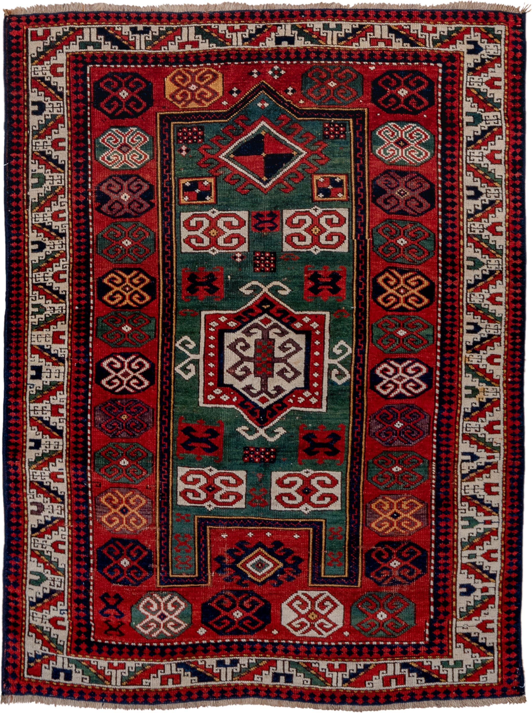 3' x 5' one-of-a-kind handmade vintage Kazak small size rug. Color palette: red, ivory, navy, teal, crimson, sage, burgundy